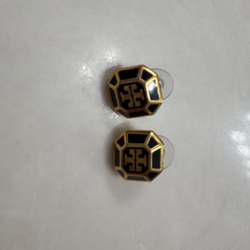 Tory Burch Octagonal Black and Gold Earrings